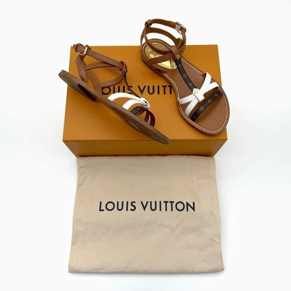LOUIS VUITTON Explorer Flat Sandal Size 37 Cognac Brown White Monogram Flower